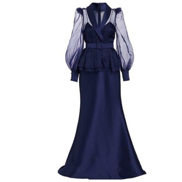 Badgley Mischka Dresses & Skirts - Badgley Mischka Navy Shirt Gown Belted - Trumpet Mermaid Fishtail hem SZ 6 NWT